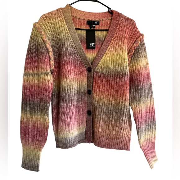 Kut from the Kloth Isla Braided Button Down Cardigan Oatmeal Coral Womens Sz S - Picture 7 of 8
